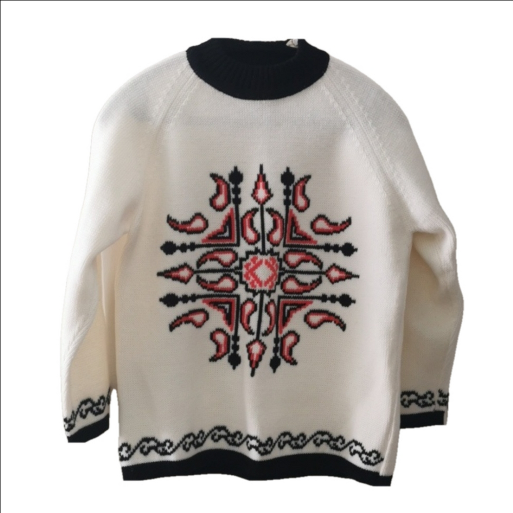 Vintage Zeller's acrylic sweater, cabincore, red, black, ivory. Size Medium. EUC